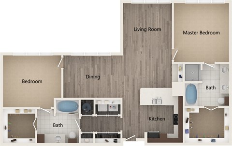 Floor plan for 2 beds, 2 baths, 1377 sqft